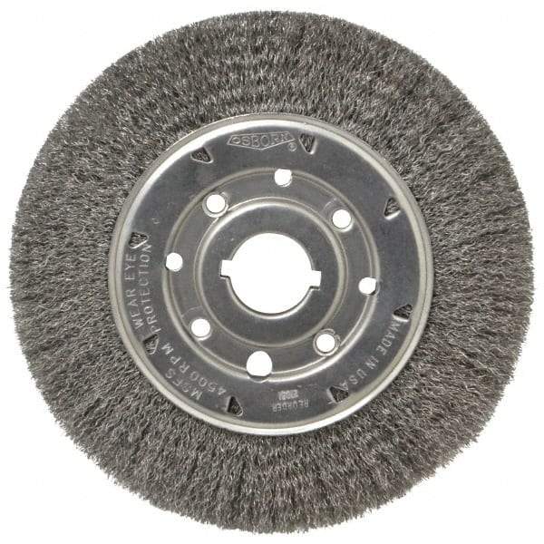 Osborn - 8" OD, 1-1/4" Arbor Hole, Crimped Steel Wheel Brush - 5/8" Face Width, 1-1/2" Trim Length, 0.0104" Filament Diam, 4,500 RPM - Makers Industrial Supply