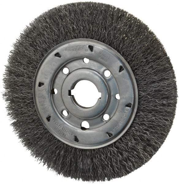 Osborn - 8" OD, 1-1/4" Arbor Hole, Crimped Steel Wheel Brush - 5/8" Face Width, 1-1/2" Trim Length, 0.014" Filament Diam, 4,500 RPM - Makers Industrial Supply