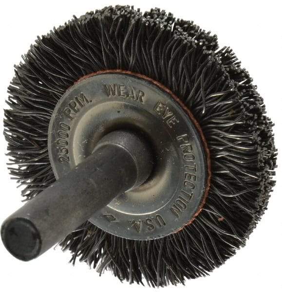 Osborn - 1-1/2" OD, 1/4" Shank Diam, Crimped Steel Wheel Brush - 3/8" Face Width, 9/32" Trim Length, 0.014" Filament Diam, 25,000 RPM - Makers Industrial Supply