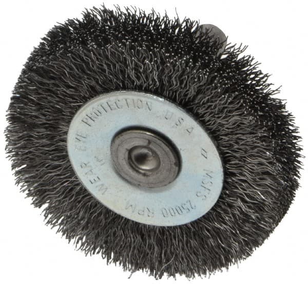 Osborn - 2" OD, 1/4" Shank Diam, Crimped Steel Wheel Brush - 3/8" Face Width, 7/16" Trim Length, 0.008" Filament Diam, 25,000 RPM - Makers Industrial Supply