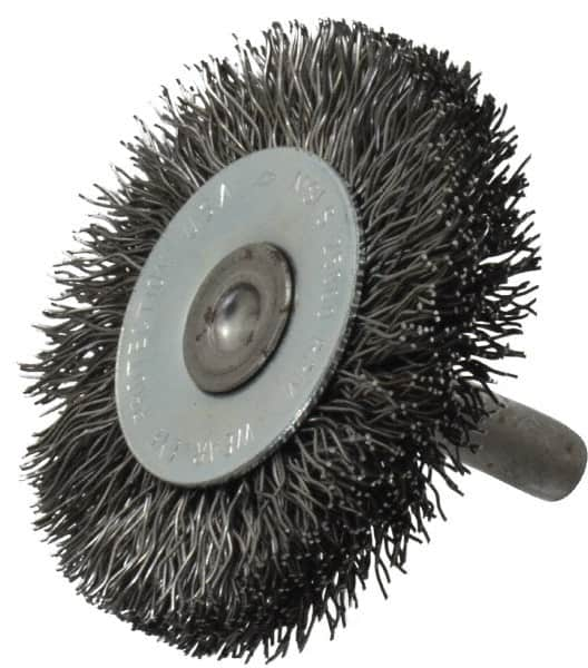 Osborn - 2" OD, 1/4" Shank Diam, Crimped Steel Wheel Brush - 3/8" Face Width, 7/16" Trim Length, 0.014" Filament Diam, 25,000 RPM - Makers Industrial Supply