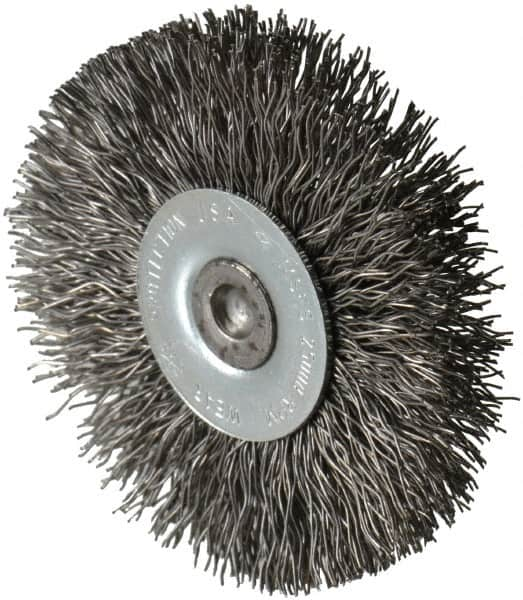 Osborn - 2-1/2" OD, 1/4" Shank Diam, Crimped Steel Wheel Brush - 7/16" Face Width, 11/16" Trim Length, 0.014" Filament Diam, 25,000 RPM - Makers Industrial Supply