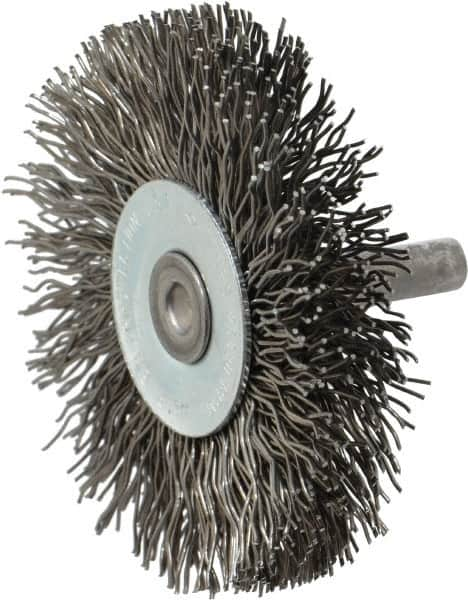 Osborn - 2-1/2" OD, 1/4" Shank Diam, Crimped Steel Wheel Brush - 7/16" Face Width, 11/16" Trim Length, 0.02" Filament Diam, 25,000 RPM - Makers Industrial Supply