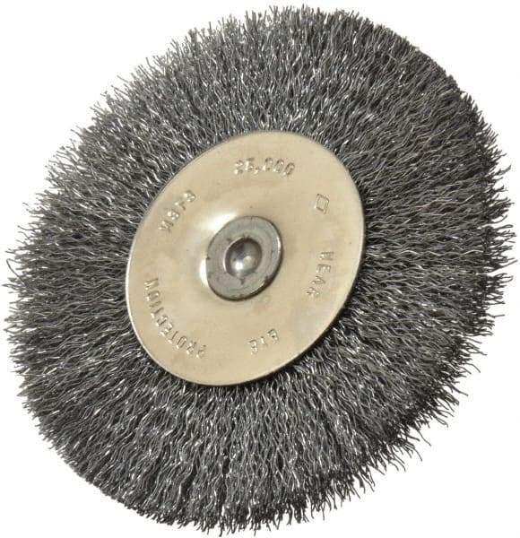 Osborn - 3" OD, 1/4" Shank Diam, Crimped Steel Wheel Brush - 7/16" Face Width, 3/4" Trim Length, 0.008" Filament Diam, 25,000 RPM - Makers Industrial Supply