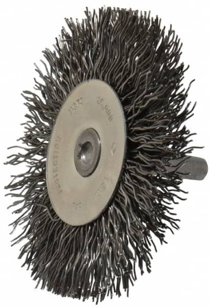 Osborn - 3" OD, 1/4" Shank Diam, Crimped Steel Wheel Brush - 7/16" Face Width, 3/4" Trim Length, 0.02" Filament Diam, 25,000 RPM - Makers Industrial Supply