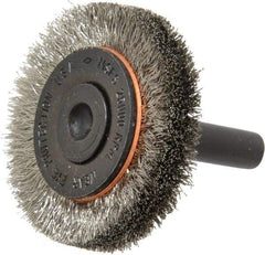 Osborn - 1-1/2" OD, 1/4" Shank Diam, Crimped Stainless Steel Wheel Brush - 3/8" Face Width, 9/32" Trim Length, 0.006" Filament Diam, 25,000 RPM - Makers Industrial Supply