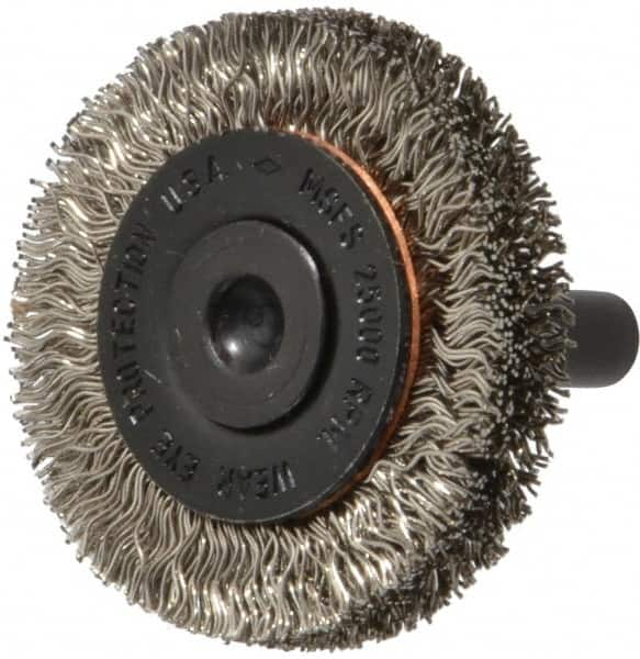 Osborn - 1-1/2" OD, 1/4" Shank Diam, Crimped Stainless Steel Wheel Brush - 3/8" Face Width, 9/32" Trim Length, 0.012" Filament Diam, 25,000 RPM - Makers Industrial Supply