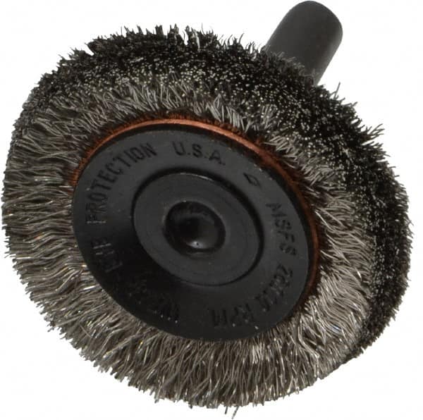 Osborn - 1-1/2" OD, 1/4" Shank Diam, Crimped Stainless Steel Wheel Brush - 3/8" Face Width, 3/8" Trim Length, 0.006" Filament Diam, 20,000 RPM - Makers Industrial Supply