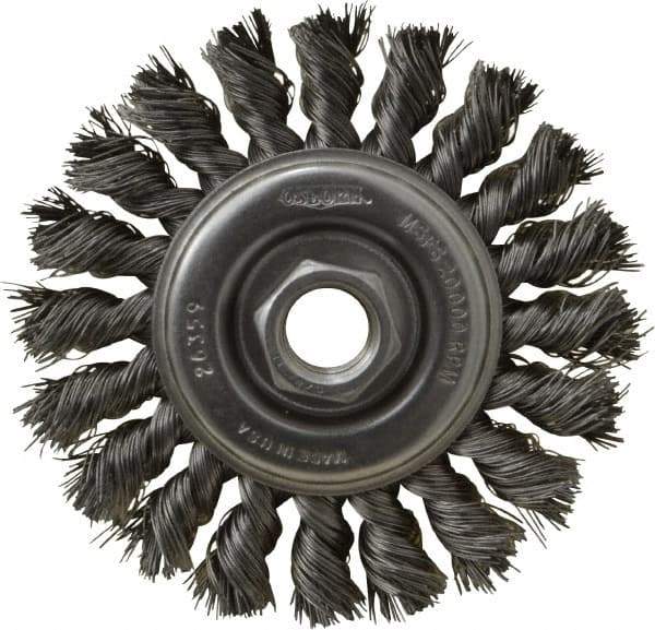 Osborn - 4" OD, 5/8-11 Arbor Hole, Knotted Steel Wheel Brush - 3/8" Face Width, 7/8" Trim Length, 0.014" Filament Diam, 20,000 RPM - Makers Industrial Supply