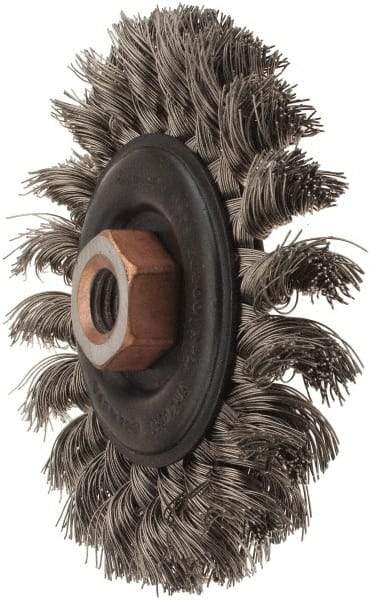 Osborn - 4" OD, 1/2-13 Arbor Hole, Knotted Stainless Steel Wheel Brush - 3/8" Face Width, 7/8" Trim Length, 0.014" Filament Diam, 20,000 RPM - Makers Industrial Supply