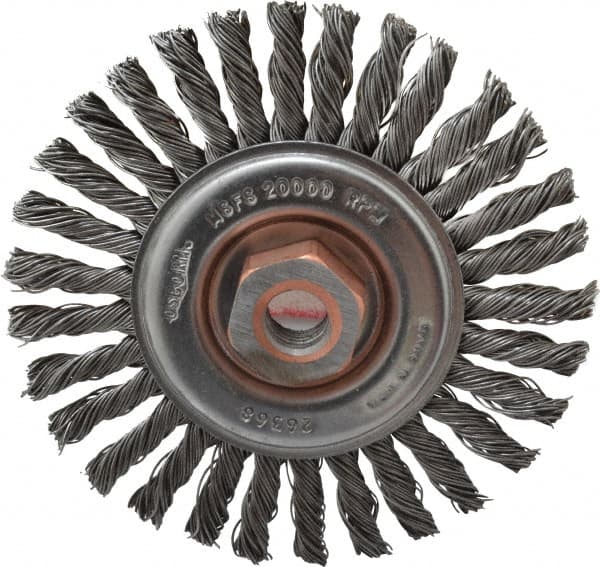 Osborn - 4" OD, 1/2-13 Arbor Hole, Knotted Steel Wheel Brush - 1/4" Face Width, 7/8" Trim Length, 0.02" Filament Diam, 20,000 RPM - Makers Industrial Supply