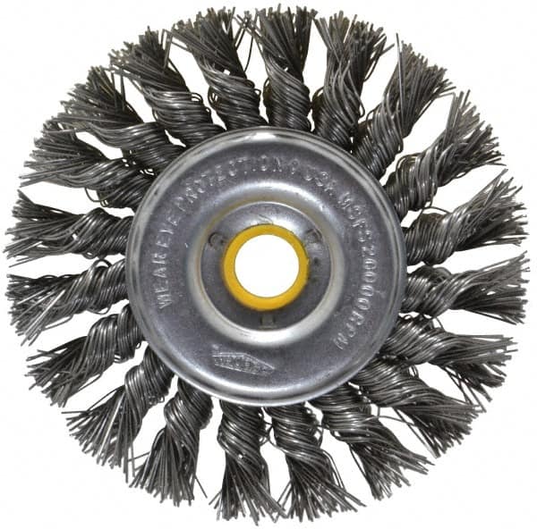 Osborn - 4" OD, 5/8" Arbor Hole, Knotted Steel Wheel Brush - 5/16" Face Width, 7/8" Trim Length, 0.02" Filament Diam, 20,000 RPM - Makers Industrial Supply