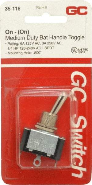 GC/Waldom - SPDT Medium Duty On-On Toggle Switch - Solder Lug Terminal, Bat Handle Actuator, 1/4 hp at 125/250 VAC hp, 125 VAC at 6 A & 250 VAC at 3 A - Makers Industrial Supply