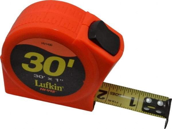 Lufkin - 30' x 1" Yellow Blade Tape Measure - 1/16" Graduation, A5 Graduation Style, High-Visibility Orange Case - Makers Industrial Supply