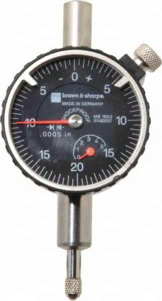 TESA Brown & Sharpe - 1/4" Range, 0-25-0 Dial Reading, 0.0005" Graduation Dial Drop Indicator - 1-11/16" Dial, 0.05" Range per Revolution, Revolution Counter - Makers Industrial Supply