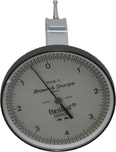 TESA Brown & Sharpe - 0.008 Inch Range, 0 Inch Dial Graduation, Vertical Dial Test Indicator - 1-1/2 Inch White Dial, 0-4-0 Dial Reading - Makers Industrial Supply