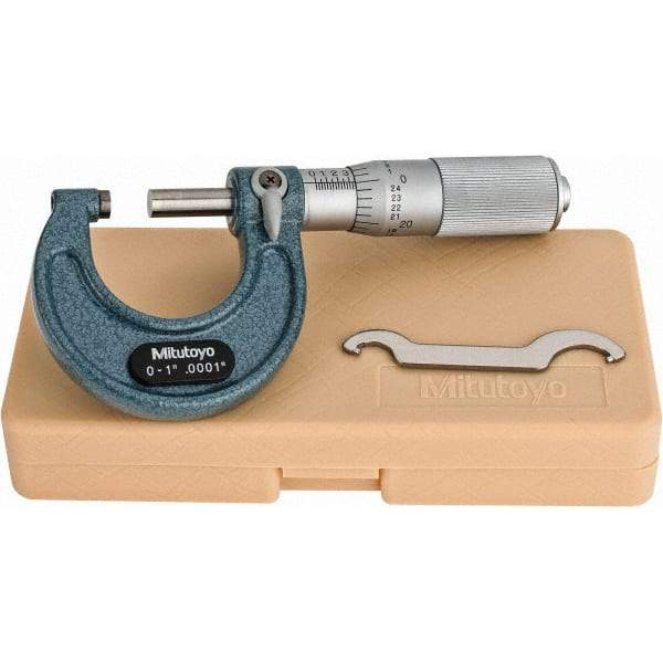 Mitutoyo - 0 to 1" Range, 0.0001" Graduation, Mechanical Outside Micrometer - Friction Thimble, Accurate to 0.0001" - Makers Industrial Supply