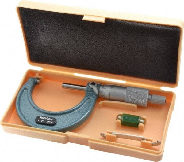 Mitutoyo - 1 to 2" Range, 0.001" Graduation, Mechanical Outside Micrometer - Ratchet Stop Thimble, Accurate to 0.0001" - Makers Industrial Supply