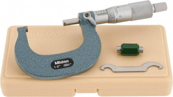 Mitutoyo - 1 to 2" Range, 0.0001" Graduation, Mechanical Outside Micrometer - Ratchet Stop Thimble, Accurate to 0.0001" - Makers Industrial Supply