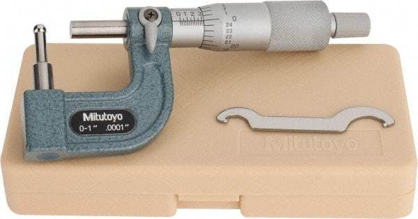 Mitutoyo - 1 Inch Measurement Range, 0.0001 Inch Graduation, Barrel Anvil, Ratchet Stop Thimble, Mechanical Tube Micrometer - Accurate Up to 0.0002 Inch, Carbide, Includes Plastic Case - Makers Industrial Supply