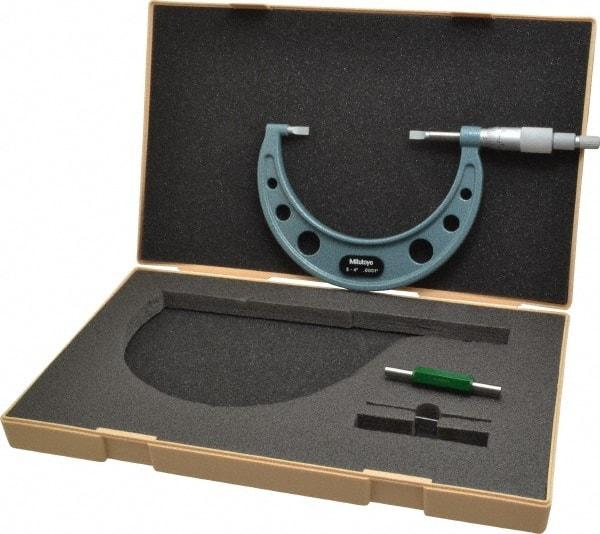 Mitutoyo - 3" to 4" Mechanical Hammertone Green Coated Blade Micrometer - 0.0002" Accuracy, 0.0001" Graduation, 0.75mm Blade Thickness, Ratchet Stop Thimble - Makers Industrial Supply