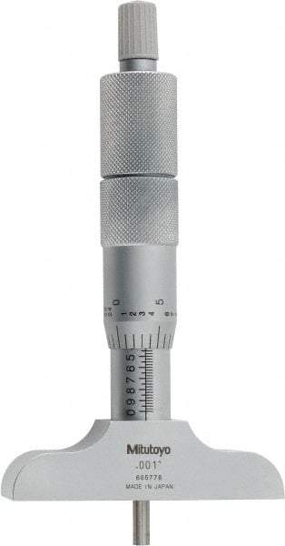 Mitutoyo - 0 to 4" Range, 4 Rod, Satin Chrome Finish Mechanical Depth Micrometer - Ratchet Stop Thimble, 2-1/2" Base Length, 0.01mm Graduation, 4mm Rod Diam - Makers Industrial Supply