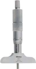 Mitutoyo - 0 to 4" Range, 4 Rod, Satin Chrome Finish Mechanical Depth Micrometer - Ratchet Stop Thimble, 2-1/2" Base Length, 0.01mm Graduation, 4mm Rod Diam - Makers Industrial Supply