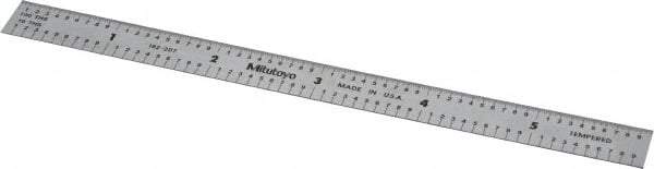 Mitutoyo - 6" Long, 1/100, 1/10" and 0.5, 1mm Graduation, Flexible Stainless Steel Rule - Decimal/Metric Graduation Style, 1/2" Wide, Silver, Satin Chrome Finish - Makers Industrial Supply