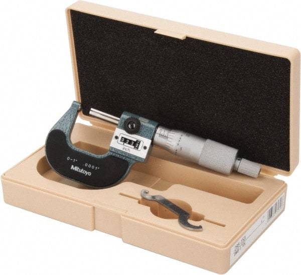 Mitutoyo - 1 Inch Max Measurement, 0.0001 Inch Graduation, Spherical Face Micrometer - Accuracy Up to 0.0002 Inch, Baked Enamel Coated, Steel Measuring Face Material, Mechanical Operation, Ratchet Stop Thimble, Ball - Makers Industrial Supply