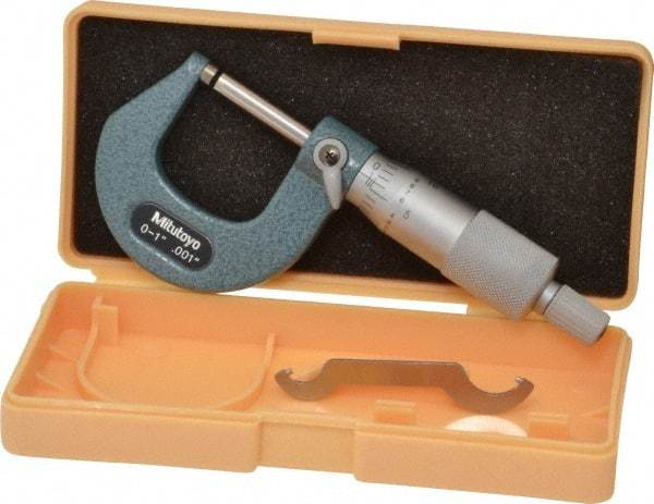 Mitutoyo - 0 to 1" Range, 0.001" Graduation, Mechanical Outside Micrometer - Ratchet Stop Thimble, Accurate to 0.0001" - Makers Industrial Supply