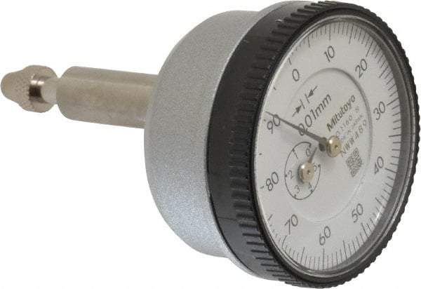 Mitutoyo - 5mm Range, 0-100 Dial Reading, 0.01mm Graduation Dial Drop Indicator - 1.5354" Dial, 1mm Range per Revolution, 0.016mm Accuracy - Makers Industrial Supply