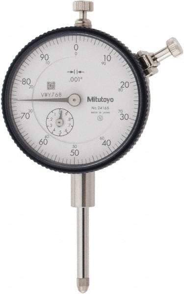 Mitutoyo - 1" Range, 0-100 Dial Reading, 0.001" Graduation Dial Drop Indicator - 2-3/16" Dial, 0.1" Range per Revolution, 0.002" Accuracy, Revolution Counter - Makers Industrial Supply