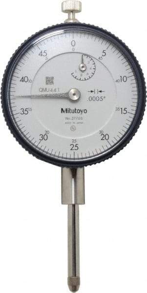 Mitutoyo - 1" Range, 0-50 Dial Reading, 0.0005" Graduation Dial Drop Indicator - 2-3/16" Dial, 0.05" Range per Revolution, 0.002" Accuracy, Revolution Counter - Makers Industrial Supply