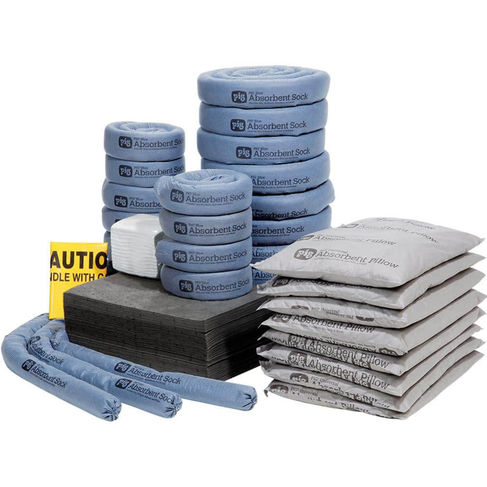 Spill Kits; Kit Type: Universal Spill Kit; Container Type: None; Absorption Capacity: 60 gal; Capacity per Kit (Gal.): 60 gal; Includes: 60 - 15″ W X 20″ L Pig Absorbent Mat Pad; 1 - Instructions; 10 - Ext. Dia. 3″ X 10' L Pig Blue Absorbent Sock; 56 - 11