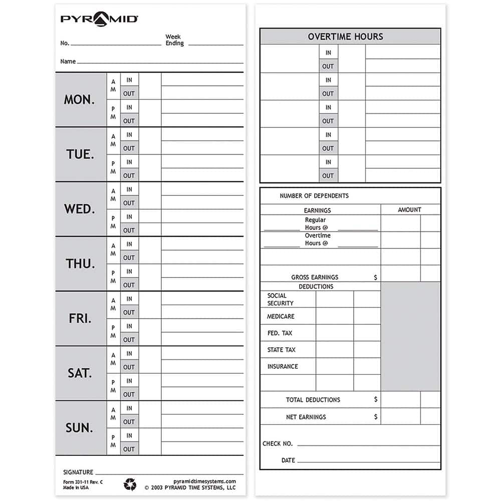 Pyramid - Time Cards & Time Clock Accessories Type: Weekly Time Cards For Use With: PTI - M-1000 Time Recorder - Makers Industrial Supply