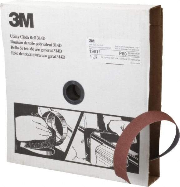 3M - 1-1/2" x 50 Yd 80 Grit Aluminum Oxide Cloth Roll - Medium Grade, J Weighted Backing - Makers Industrial Supply