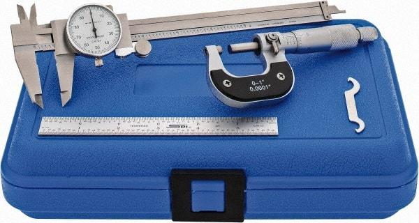 Value Collection - 3 Piece, Machinist Caliper and Micrometer Tool Kit - 0 to 1 Inch Micrometer, 0.0001 Inch Graduation - Makers Industrial Supply