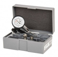 Mitutoyo - 9 Piece, 0" to 0.06" Measuring Range, 40mm Dial Diam, 0-15-0 Dial Reading, White Dial Test Indicator Kit - 0.0005" Accuracy, 1.33" Contact Point Length, 0.039, 0.079 & 0.118" Ball Diam, 0.0005" Dial Graduation - Makers Industrial Supply