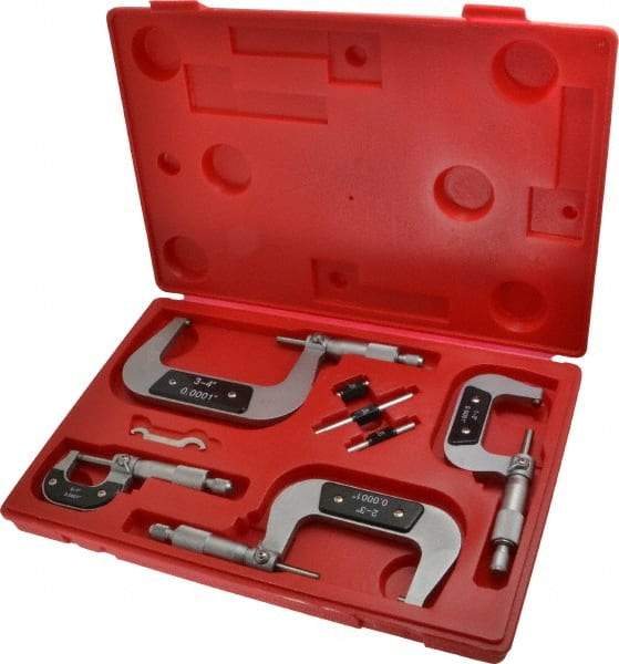 Value Collection - 0 to 4" Range, 4 Piece Mechanical Outside Micrometer Set - 0.0001" Graduation, 0.000160, 0.000200 Accuracy, Ratchet Stop Thimble, Carbide Tipped, Forged Steel (Frame) Face - Makers Industrial Supply