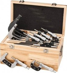 Value Collection - 0 to 6" Range, 6 Piece Mechanical Outside Micrometer Set - 0.0001" Graduation, 0.000160, 0.000200, 0.000240 Accuracy, Ratchet Stop Thimble, Carbide Tipped, Forged Steel (Frame) Face - Makers Industrial Supply