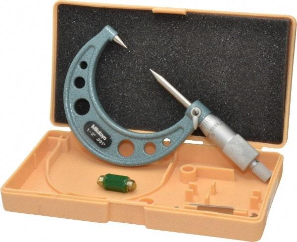 Mitutoyo - 1 to 2 Inch, 49mm Throat Depth, Ratchet Stop, Mechanical Point Micrometer - Accurate Up to 0.00015 Inch, 0.001 Inch Graduation, 0.5039 Inch Point Length, 30° Point Angle, 18mm Head Diameter, 6.35mm Spindle Diameter - Makers Industrial Supply