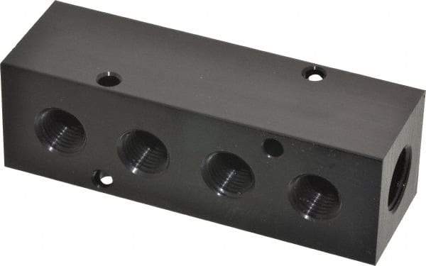 Made in USA - 3/8" Inlet, 1/4" Outlet Manifold - 4.12" Long x 1-1/4" Wide x 1-1/4" High, 0.2" Mount Hole, 2 Inlet Ports, 4 Outlet Ports - Makers Industrial Supply