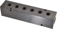 Made in USA - 1/2" Inlet, 1/4" Outlet Manifold - 6-3/4" Long x 1-1/2" Wide x 1-1/2" High, 0.2" Mount Hole, 2 Inlet Ports, 6 Outlet Ports - Makers Industrial Supply