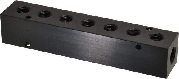 Made in USA - 3/8" Inlet, 1/4" Outlet Manifold - 6-3/4" Long x 1-1/4" Wide x 1-1/4" High, 0.2" Mount Hole, 2 Inlet Ports, 7 Outlet Ports - Makers Industrial Supply