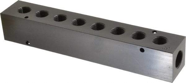 Made in USA - 1/2" Inlet, 3/8" Outlet Manifold - 8-3/4" Long x 1-1/2" Wide x 1-1/2" High, 0.2" Mount Hole, 2 Inlet Ports, 8 Outlet Ports - Makers Industrial Supply