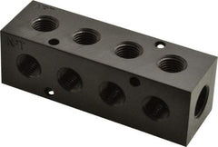 Made in USA - 3/8" Inlet, 1/4" Outlet Manifold - 4.12" Long x 1-1/4" Wide x 1-1/4" High, 0.2" Mount Hole, 2 Inlet Ports, 4 Outlet Ports - Makers Industrial Supply