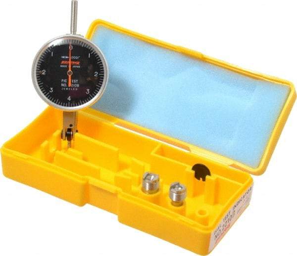 Peacock - 0.008 Inch Range, 0.0001 Inch Dial Graduation, Horizontal Dial Test Indicator - 1-53/64 Inch Black Dial, 0-4-0 Dial Reading, Accurate to 0.0003 Inch - Makers Industrial Supply