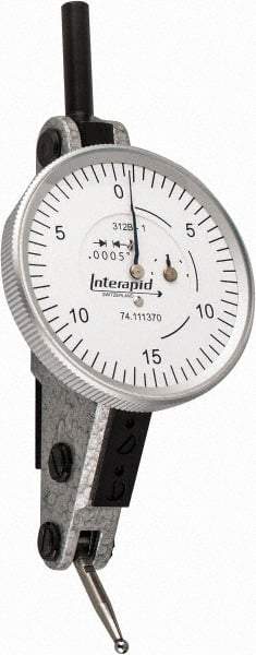 INTERAPID - 0.06 Inch Range, 0.0005 Inch Dial Graduation, Horizontal Dial Test Indicator - 1-1/2 Inch White Dial, 0-15-0 Dial Reading - Makers Industrial Supply