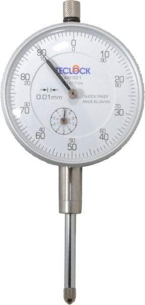 Teclock - 25mm Range, 0-100 Dial Reading, 0.01" Graduation Dial Drop Indicator - 2-11/64" Dial, 1" Range per Revolution, 0.03" Accuracy, Revolution Counter - Makers Industrial Supply