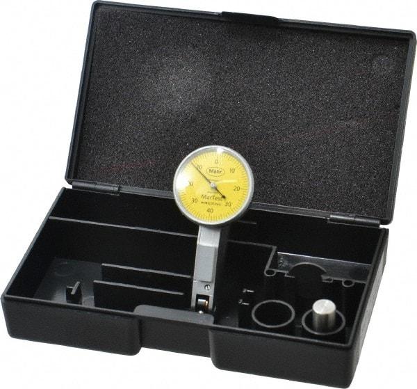 Mahr - 0.4 mm Range, 0.01 mm Dial Graduation, Horizontal Dial Test Indicator - 27.5 mm Yellow Dial, 0-40-0 Dial Reading - Makers Industrial Supply